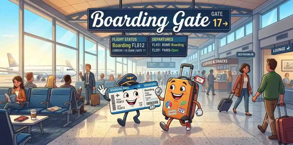 Cute boarding gate scene