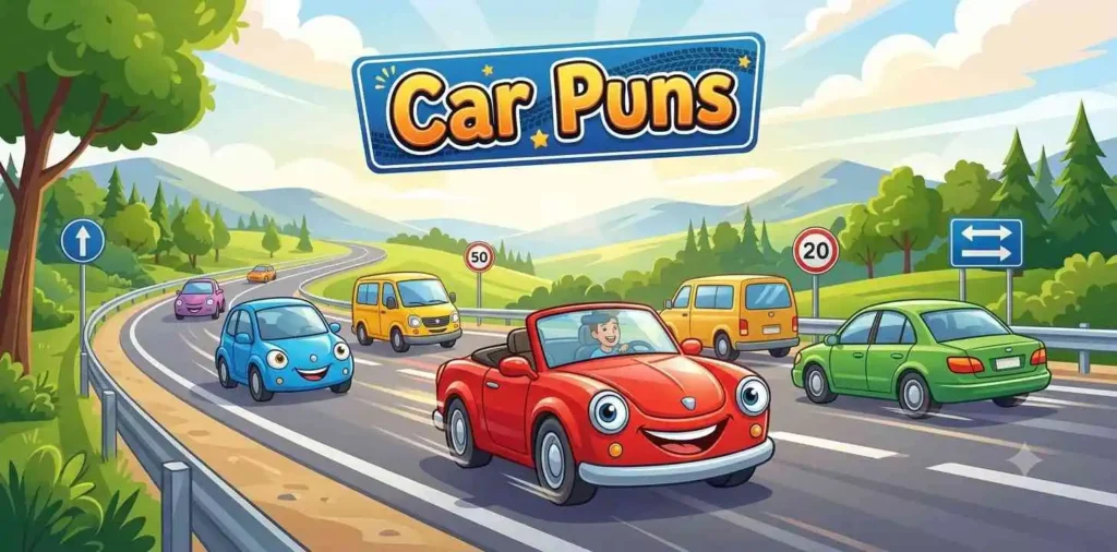 Cute cartoon car on road