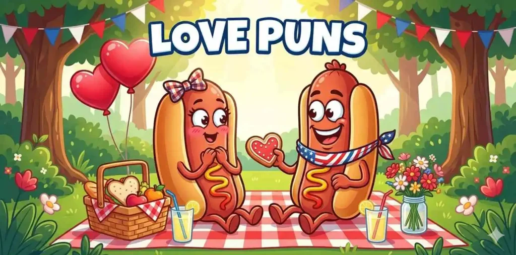 Cute hot dog couple smiling