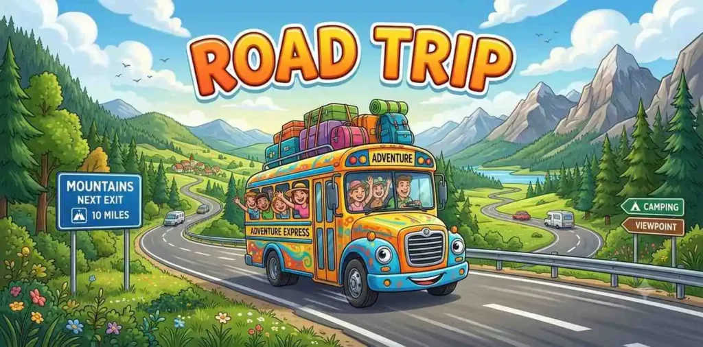 Cute bus on scenic road trip