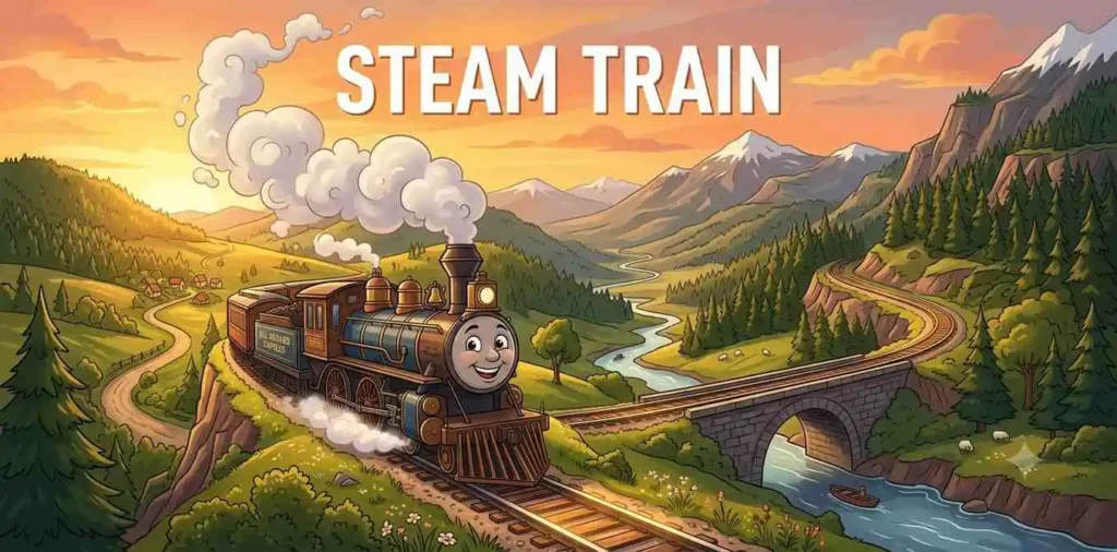 Cute steam train traveling mountains