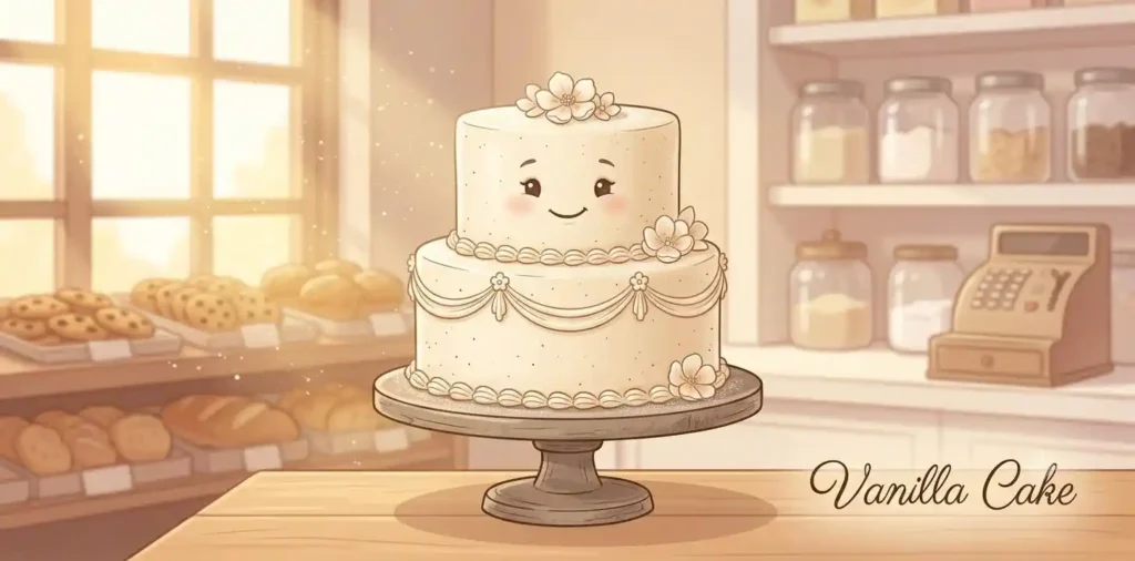 Cute vanilla cake smiling happily