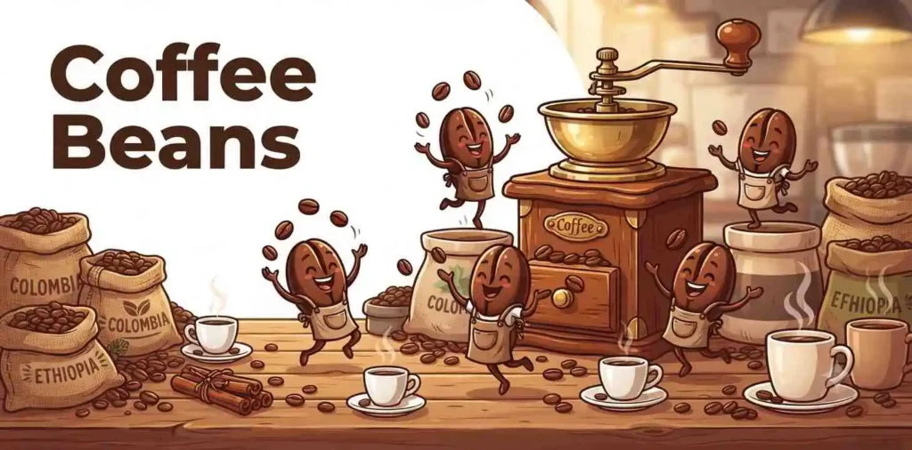 Smiling coffee bean characters