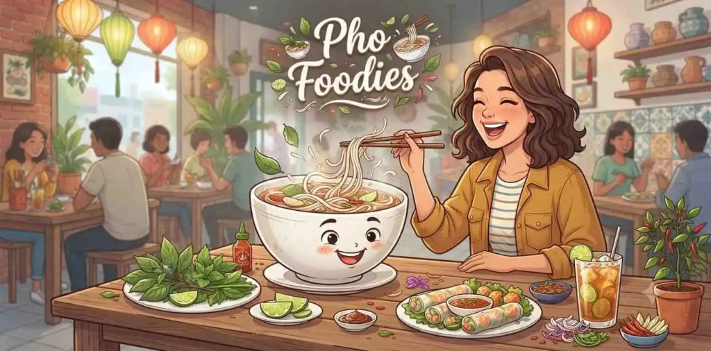 Happy foodie enjoying pho