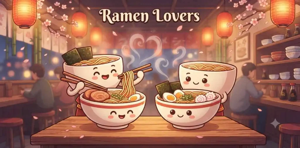 Happy ramen lovers dining