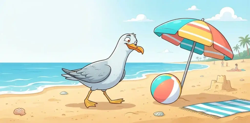 Seagull walking beside beach umbrella