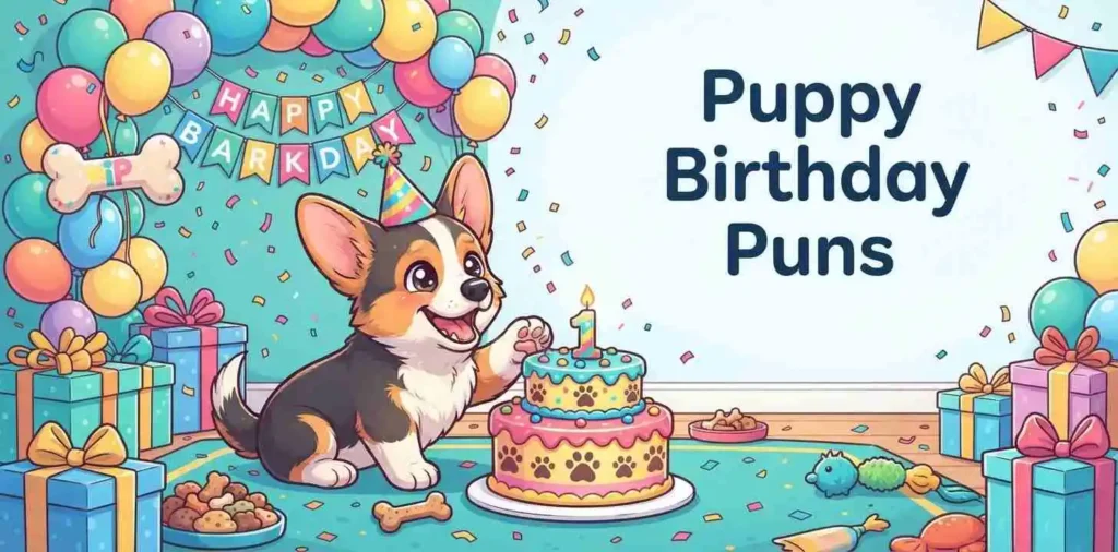 Puppy celebrating birthday with cake