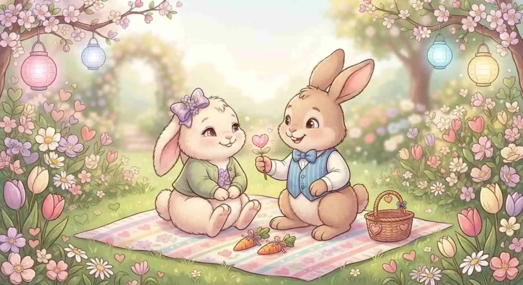 Cute bunny couple holding hearts