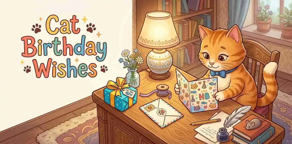 Cat holding birthday card