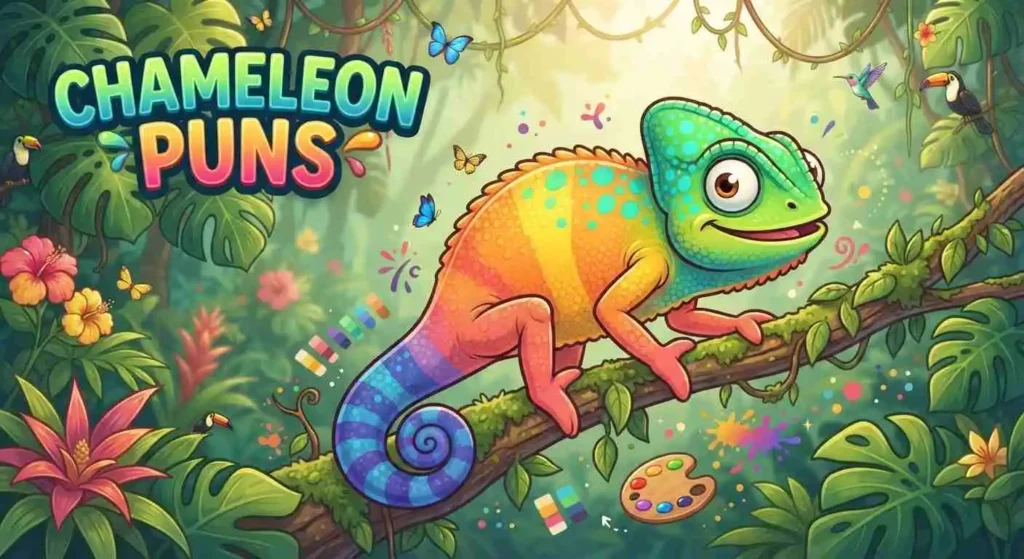 Colorful chameleon making funny puns