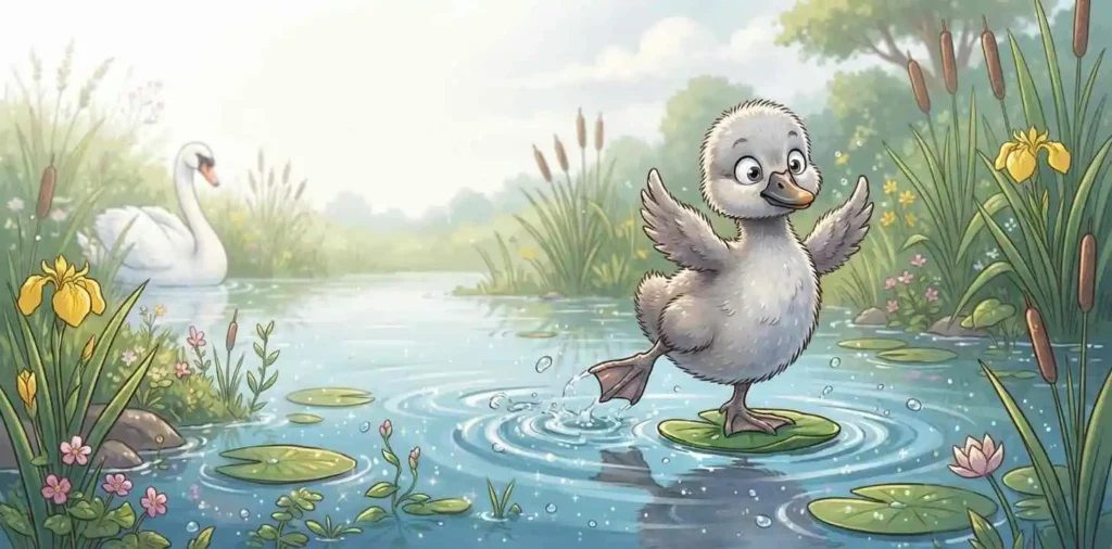 Cute cygnet swimming on pond