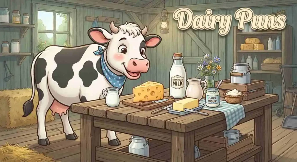 Dairy cow beside milk and cheese