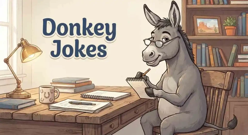 Clever donkey wearing glasses at a desk
