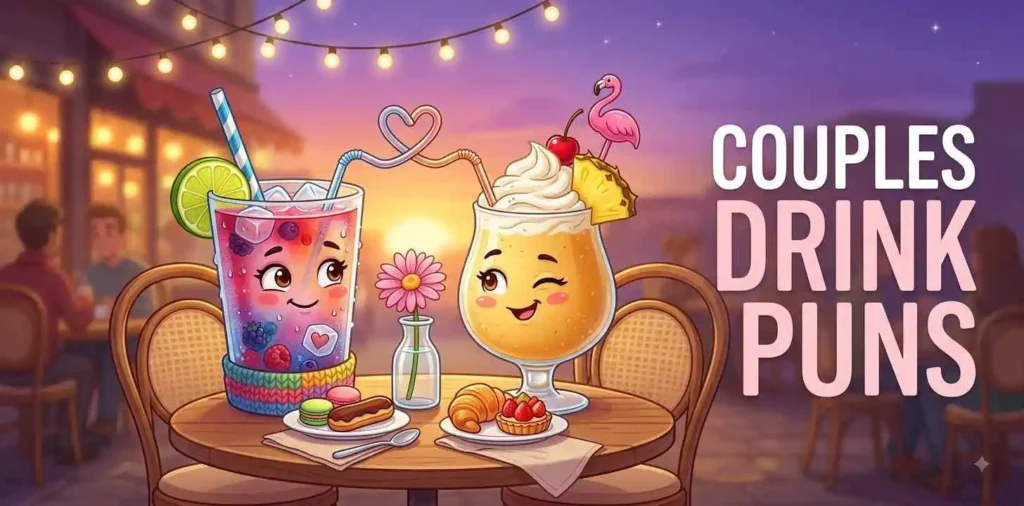 Cute couple sharing colorful drinks