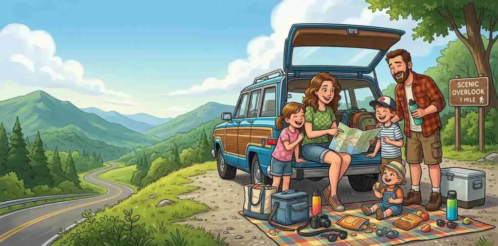 Family enjoying roadside travel stop