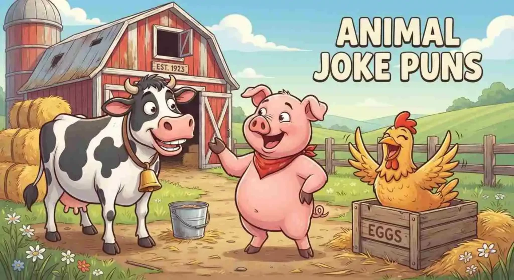 Funny pig cow and chicken laughing together