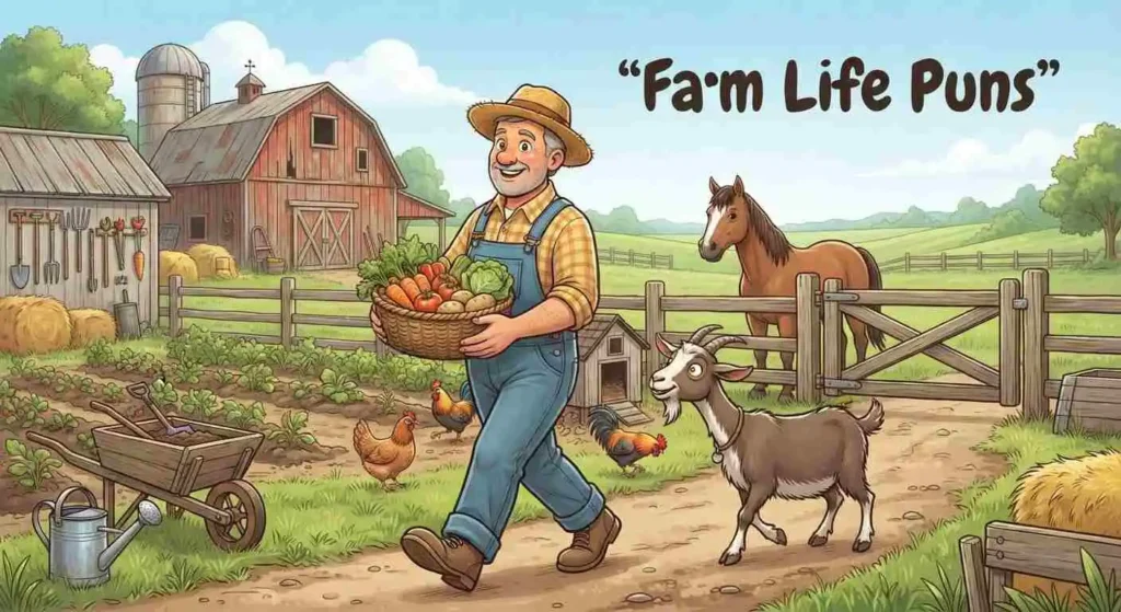 Farmer feeding animals on a cheerful farm