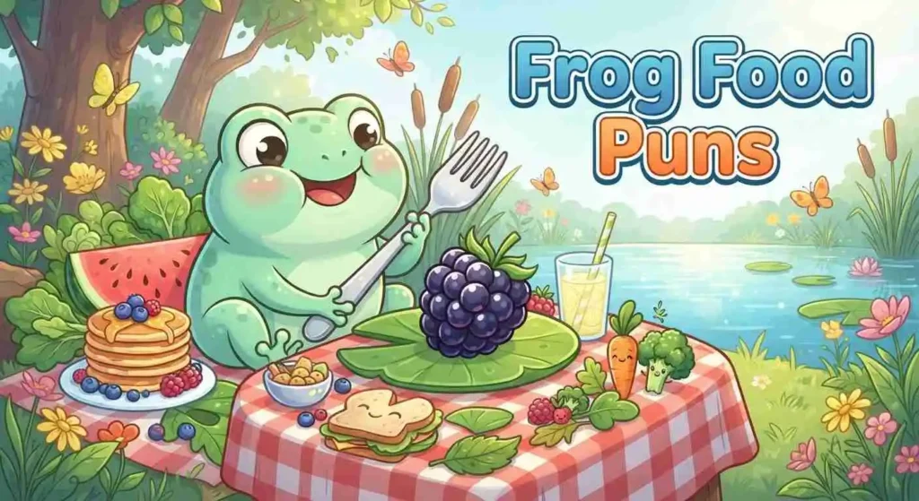 Cute frog enjoying colorful food