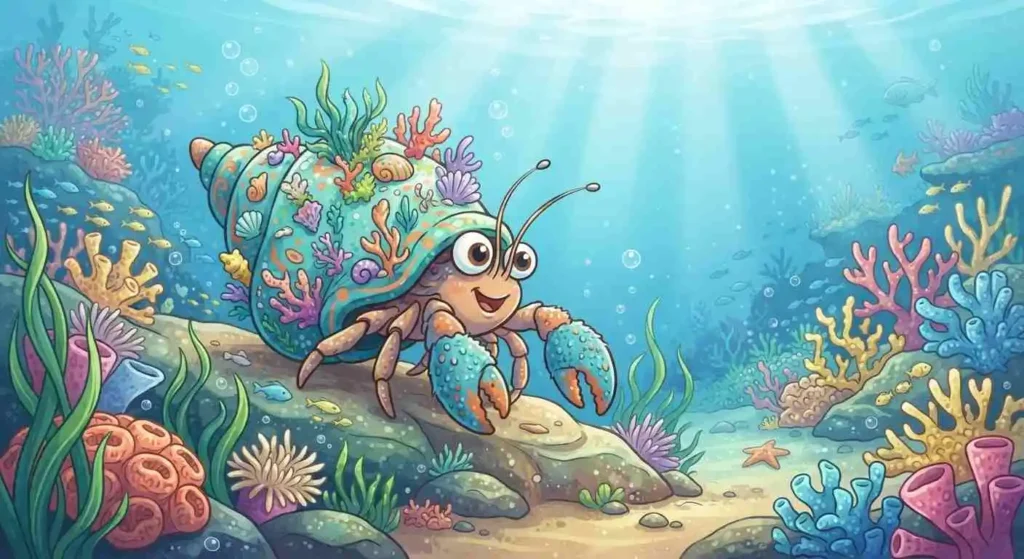Cute hermit crab exploring shell