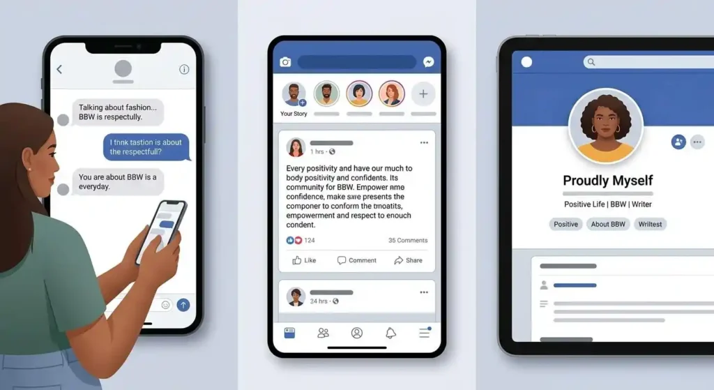 Different online contexts showing BBW in texting, social media, and a profile description.