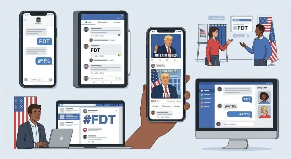 Examples of FDT appearing in texts, political comments, memes, hashtags, and group chats.
