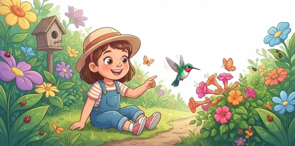 Child watching colorful hummingbird outdoors