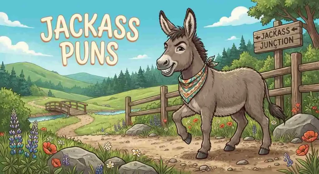 Cheeky donkey beside a wooden trail