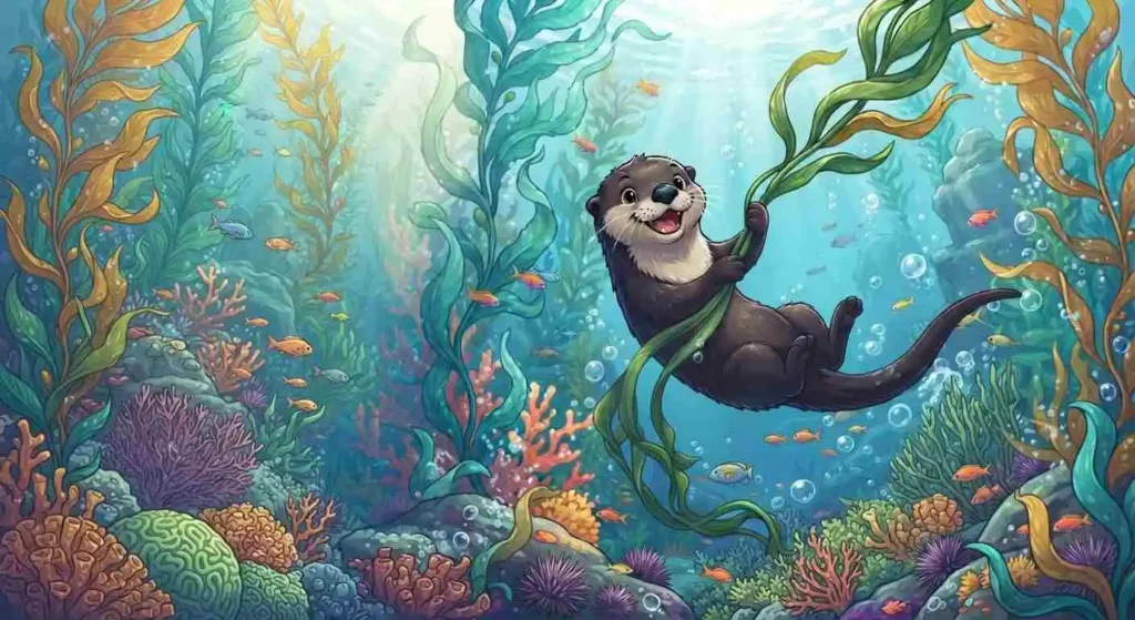 Cute otter playing among kelp