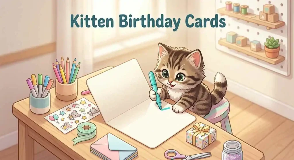 Kitten birthday card illustration