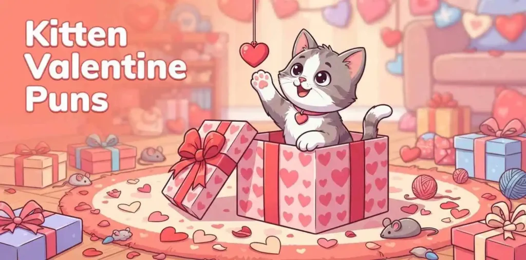 Playful kitten with Valentine hearts