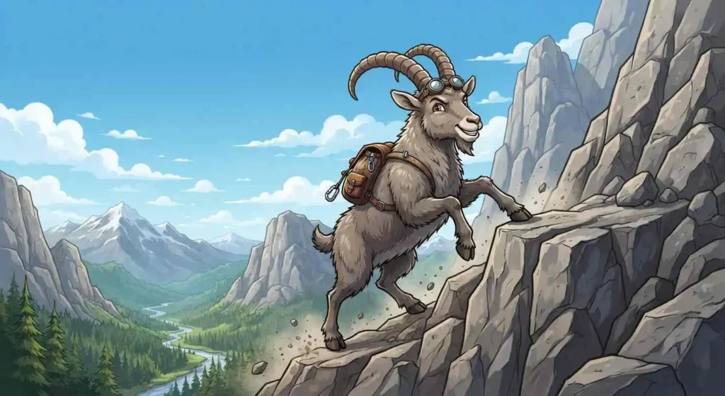 Funny mountain goat climbing cliffs