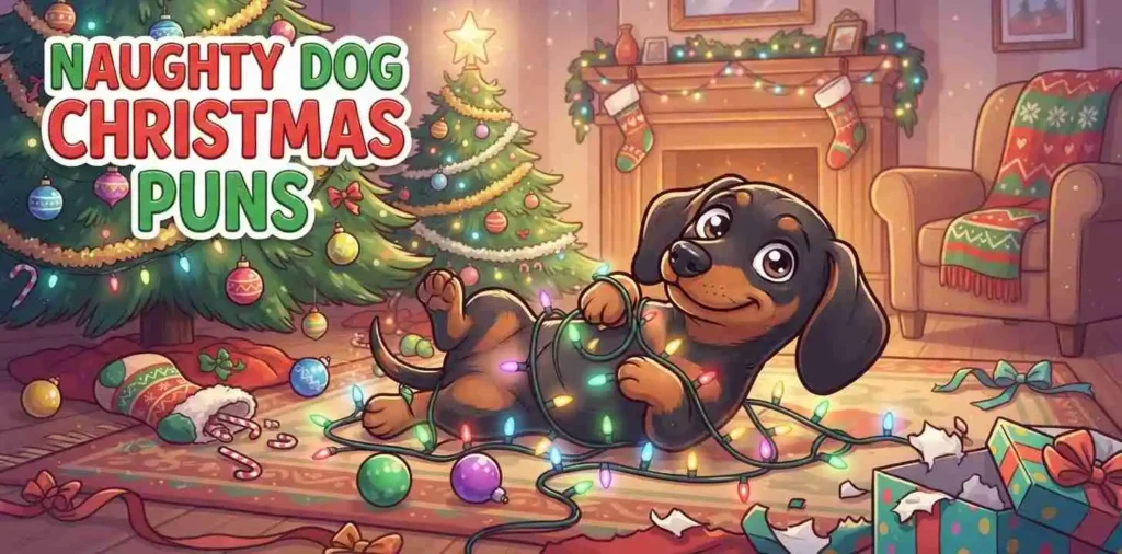 Mischievous dog tangled in Christmas lights