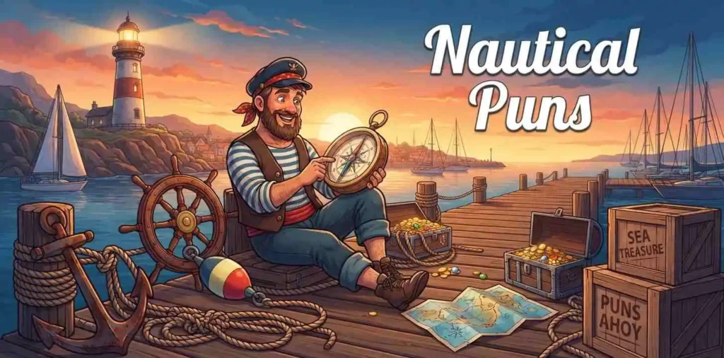 Funny sailor surrounded by nautical gear