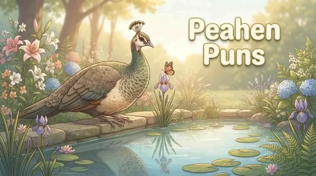 peahen relaxing beside flowers