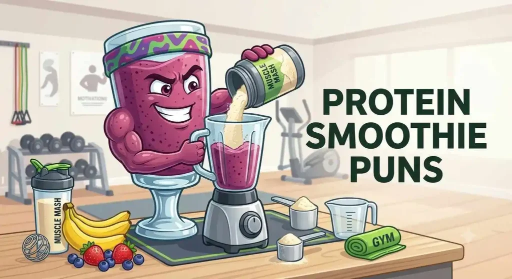 Protein smoothie mascot making healthy drink