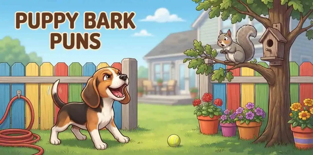 Puppy barking beside garden fence