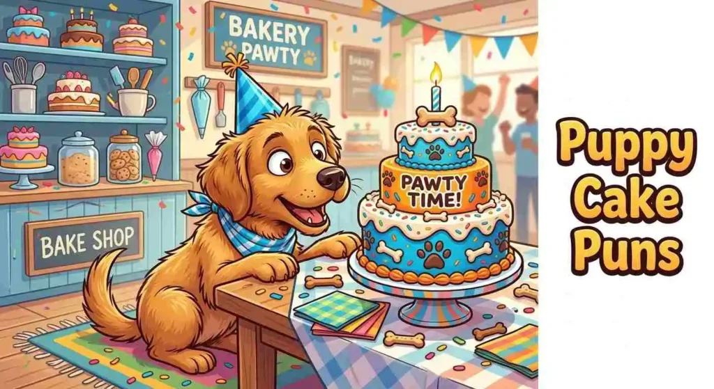 Puppy beside birthday cake