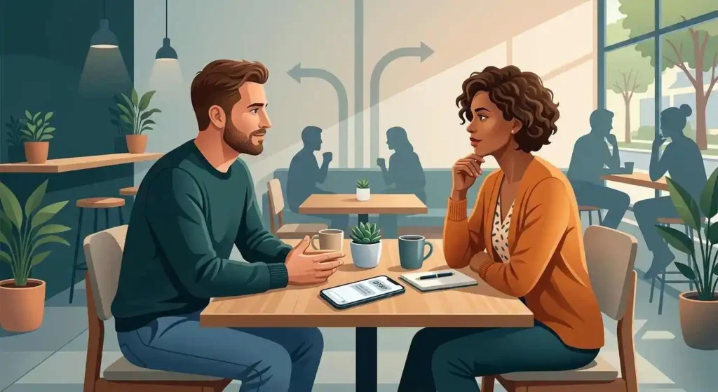 Two adults having a conversation about defining their relationship, represented by the abbreviation DTR.