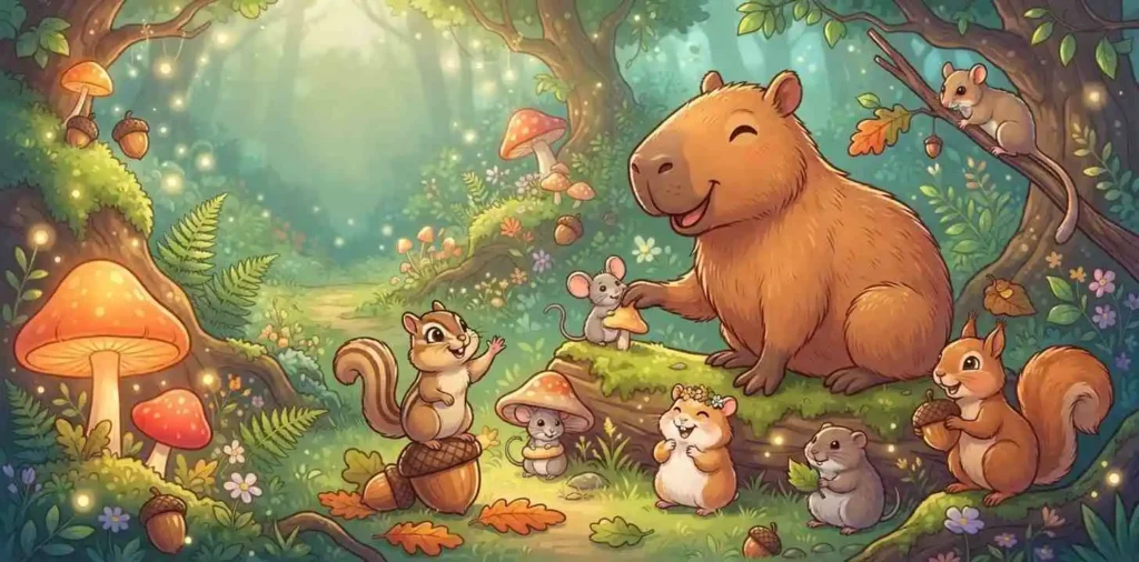 Funny capybara among cute rodents