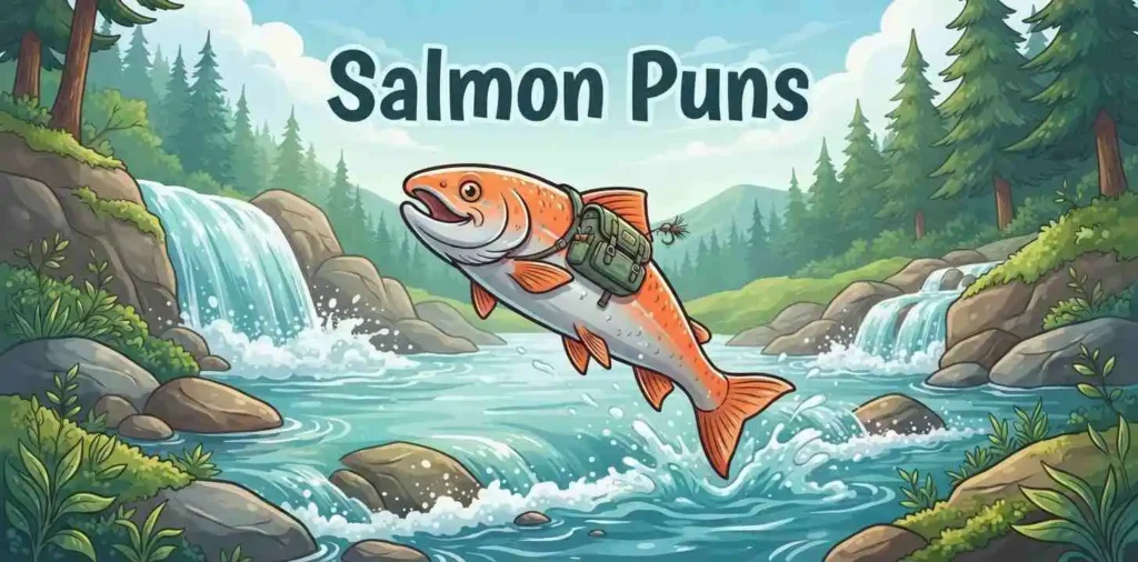 Funny salmon jumping through river