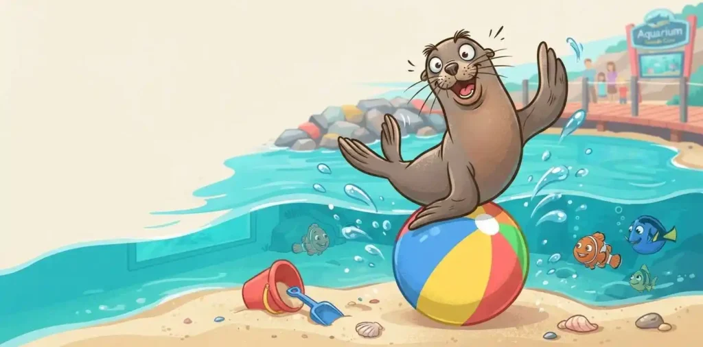 Funny sea lion performing playful trick