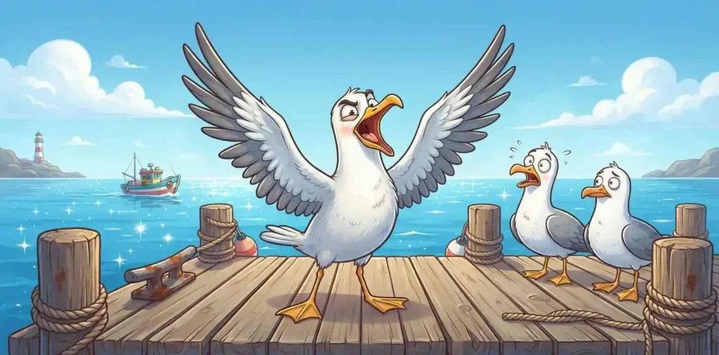 Seagull loudly squawking with raised wings