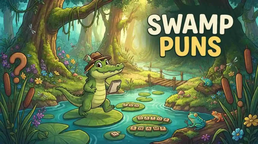 Funny alligator exploring colorful swamp