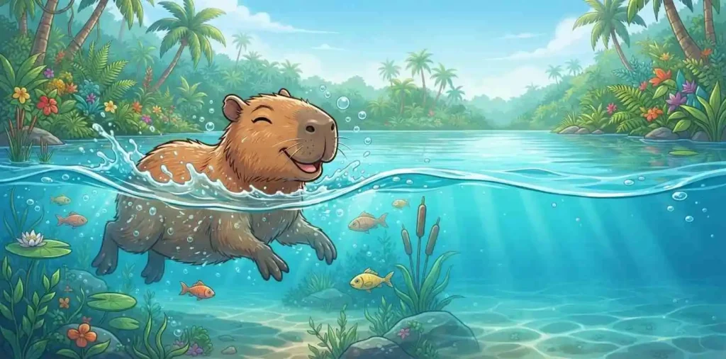 Funny capybara swimming in water