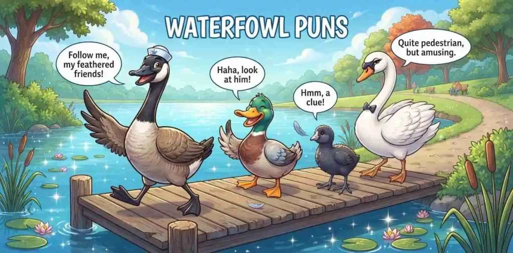 Funny waterfowl group by lake