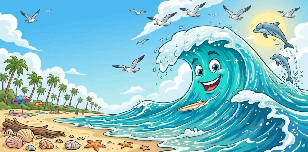 Smiling ocean wave surfing