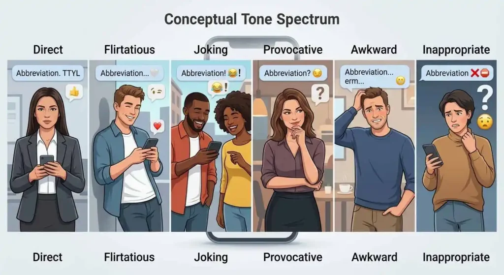 Illustration showing how the tone of DTF can change with different conversation contexts