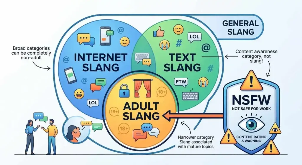 Visual comparison of adult slang with internet slang, text slang, NSFW, and general slang