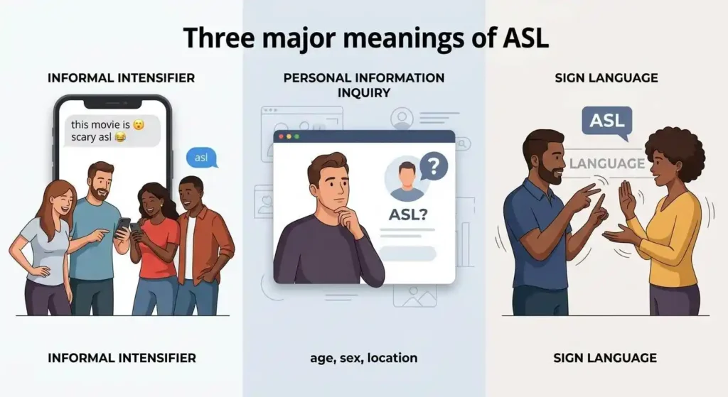 Illustration comparing ASL as “as hell,” “age, sex, location,” and American Sign Language.