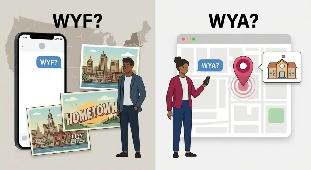 Visual comparison showing WYF asks where someone is from while WYA asks where they are now